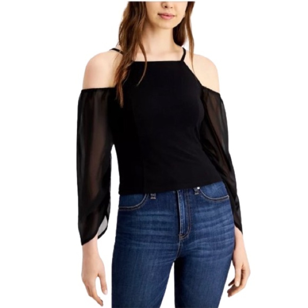 Women's S NWT Bar lll Cold-Shoulder Black Top Ruched Sleeve Square Neckline